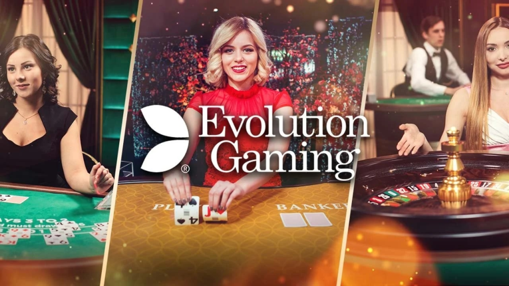 Se muestra a tres mujeres en diferentes mesas de juego del casino. La figura central sostiene unas cartas, mientras que las otras participan en actividades de juego. El logotipo «Evolution Gaming» aparece en un lugar destacado.