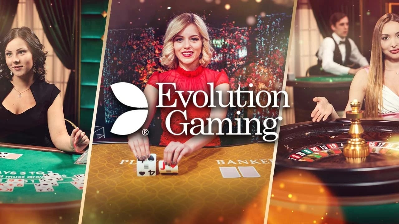 Drei Frauen sind an verschiedenen Casinotischen zu sehen. Die mittlere Figur hält Karten in der Hand, während die anderen mit dem Spielen beschäftigt sind. Das Logo „Evolution Gaming“ ist deutlich zu sehen.